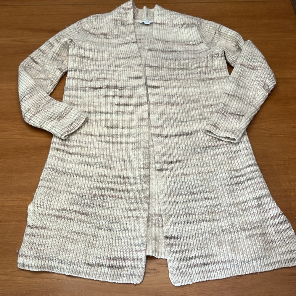 J. JILL Cotton/Wool Blend Open Cardigan Sweater Neutral Cream/Tan Tweed, Size S